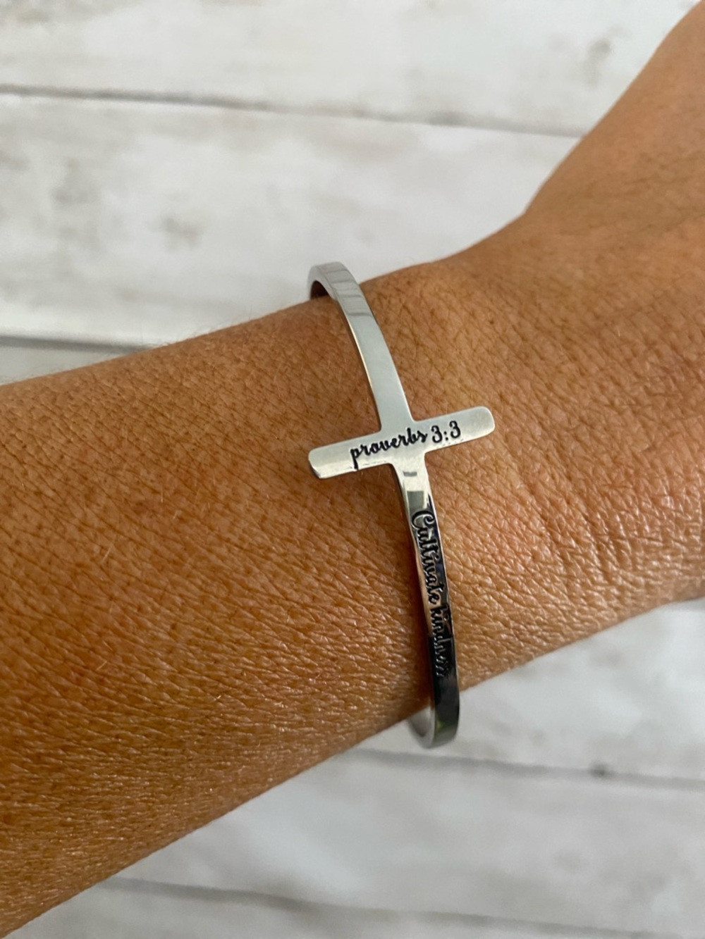 Silver‎ Cross Bangle Bracelet w/ Proverbs 3:3 Cultivate Kindness saying